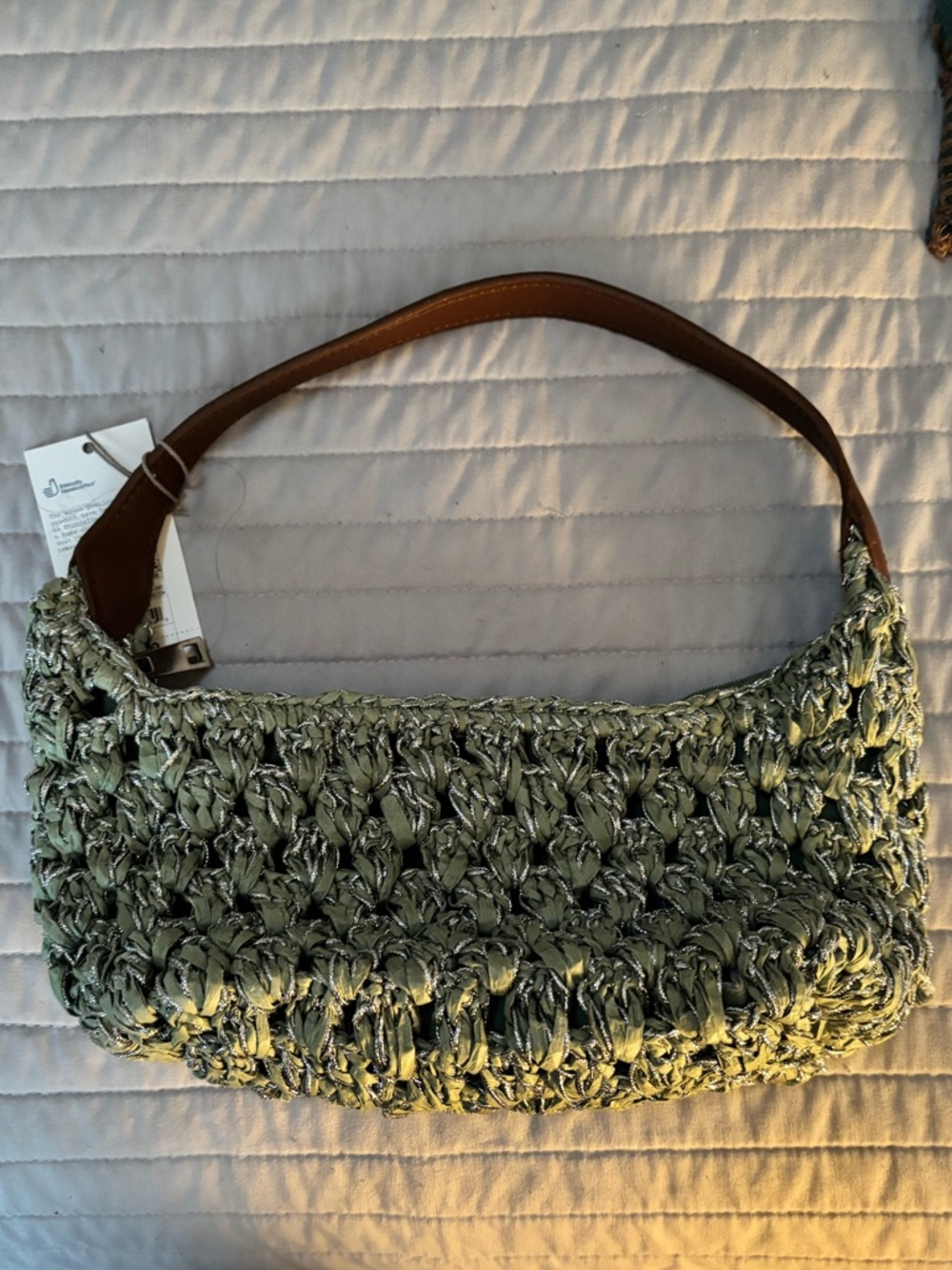 Woven Shoulder Bag in Green with Brown Strap